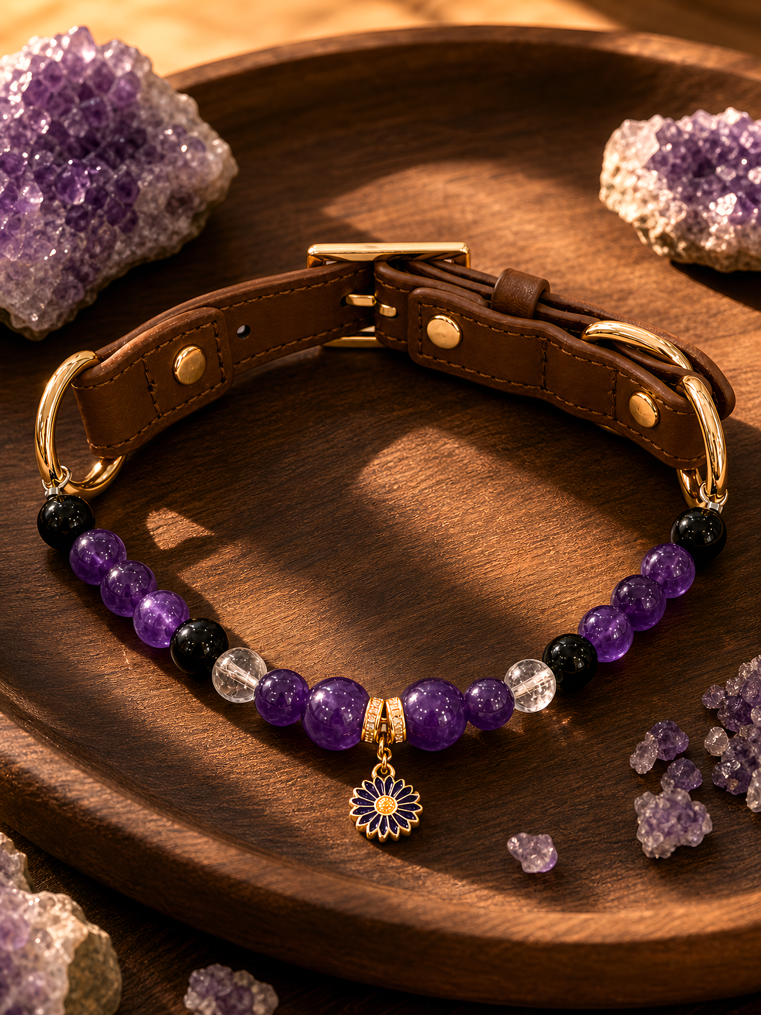 KINLUME Imperial Twilight natural crystal and cowhide pet collar product view