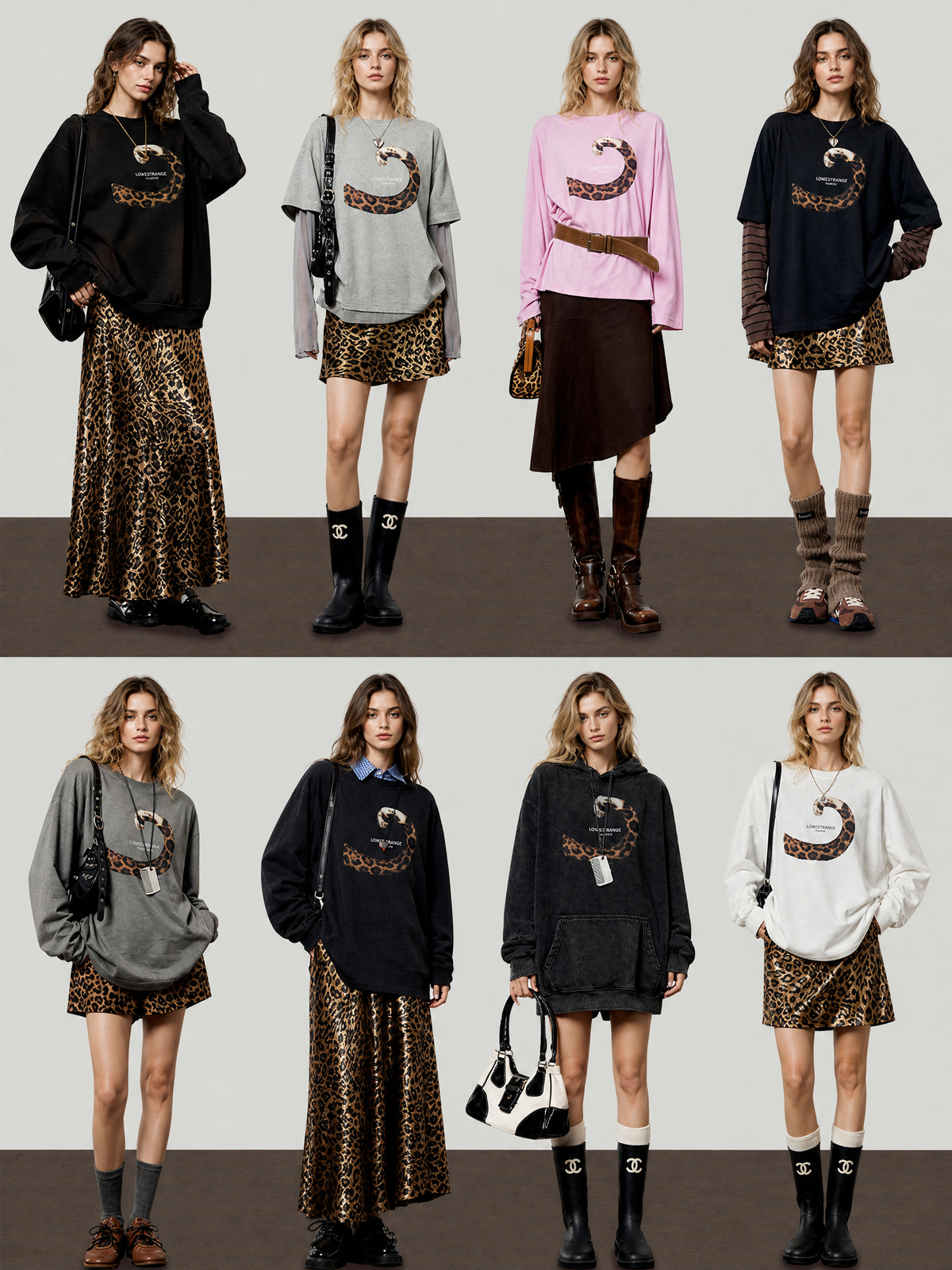 Leopard-tail graphic streetwear collection shown on European female models across multiple styles