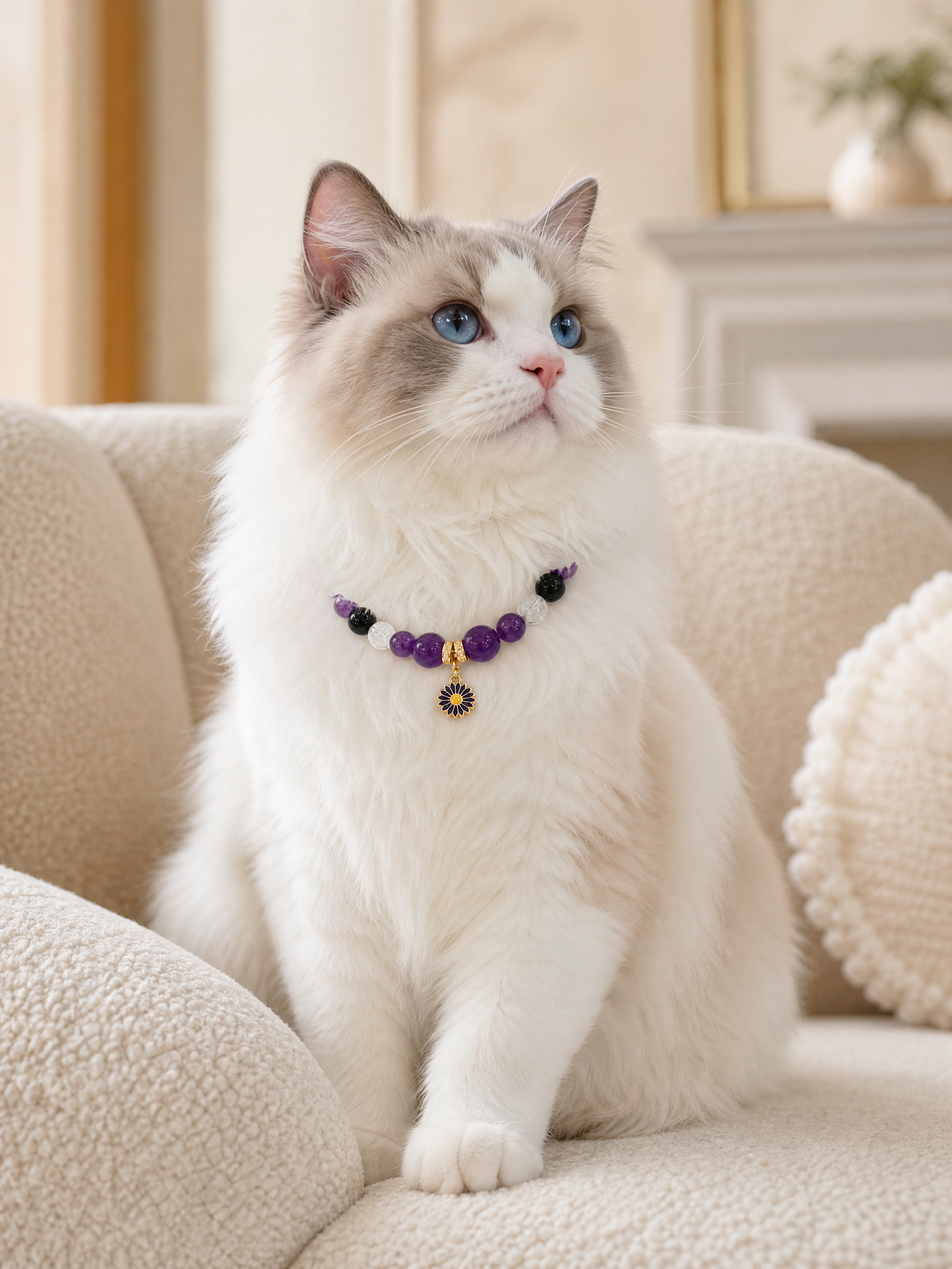Pet wearing the KINLUME Imperial Twilight handmade natural crystal collar