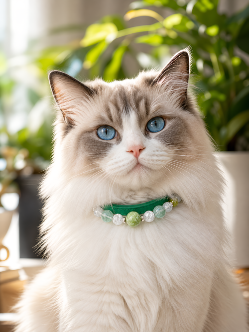 Pet wearing the KINLUME Forest Veil handmade natural crystal collar