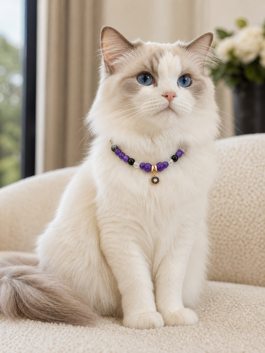 Pet wearing the KINLUME Imperial Twilight handmade natural crystal collar