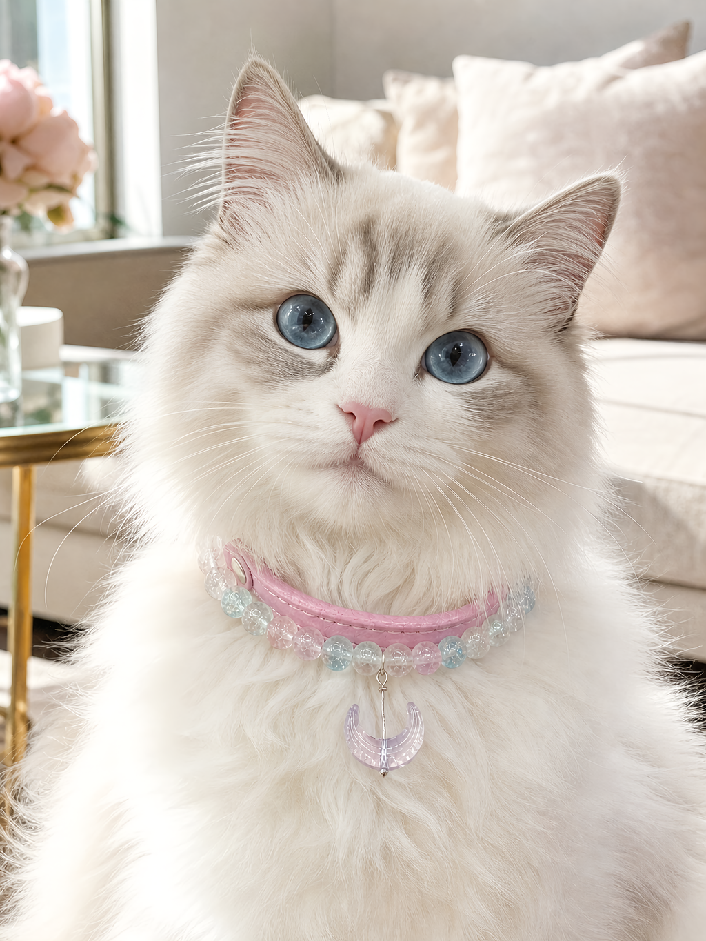 Pet wearing the KINLUME Moonlit Rose handmade natural crystal collar