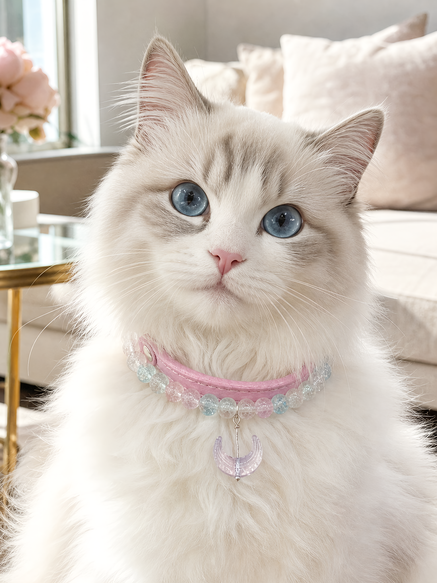 Pet wearing the KINLUME Moonlit Rose handmade natural crystal collar