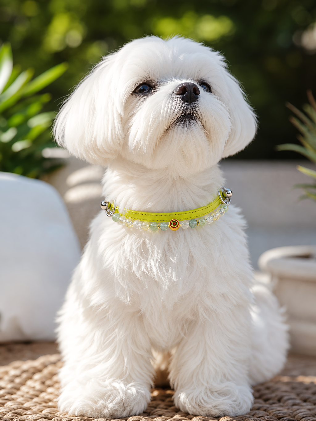 Pet wearing the KINLUME Lime Sorbet handmade natural crystal collar