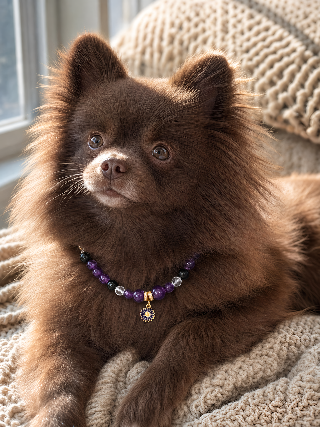Pet wearing the KINLUME Imperial Twilight handmade natural crystal collar
