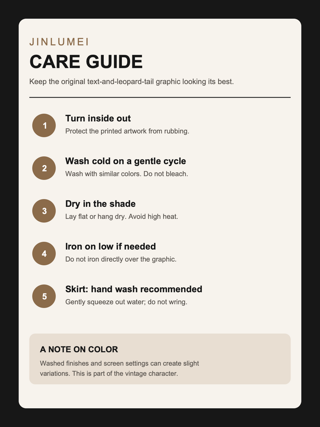 English care guide for printed tops, hoodie, sweatshirt and leopard-print skirt