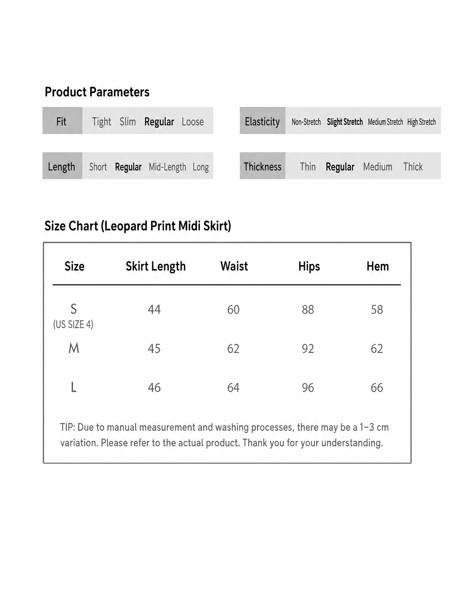 English measurement chart for leopard-print midi skirt in sizes S, M and L