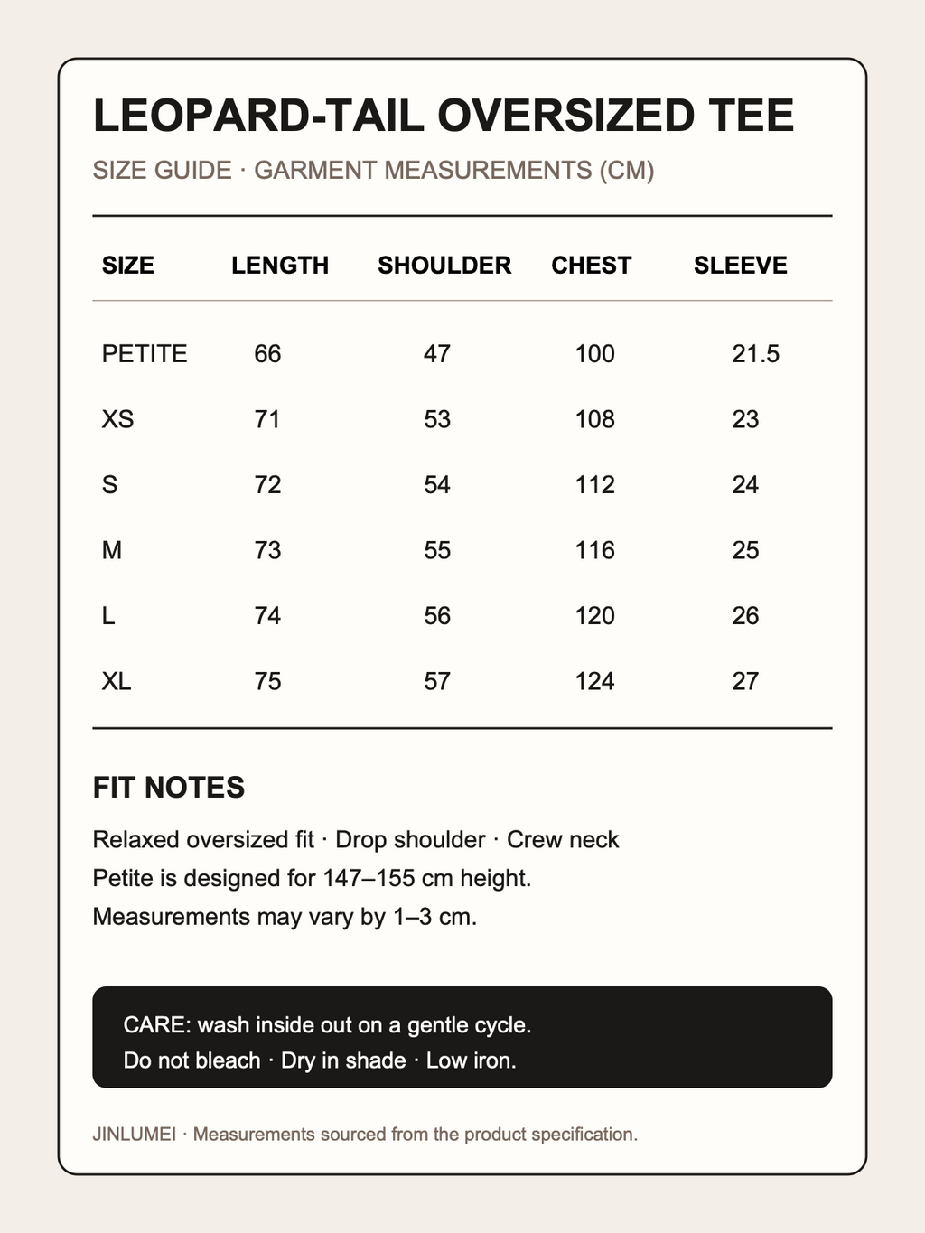 English size guide for the JINLUMEI leopard-tail oversized T-shirt