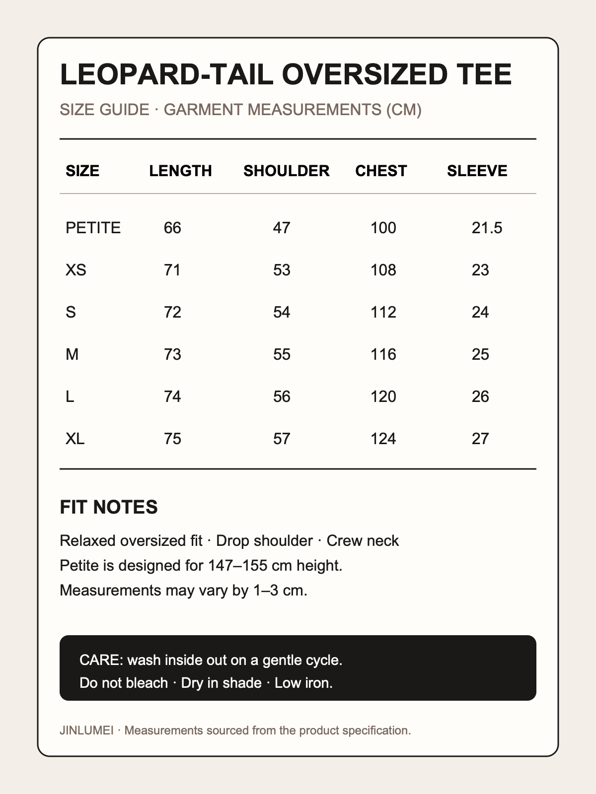 English size guide for the JINLUMEI leopard-tail oversized T-shirt