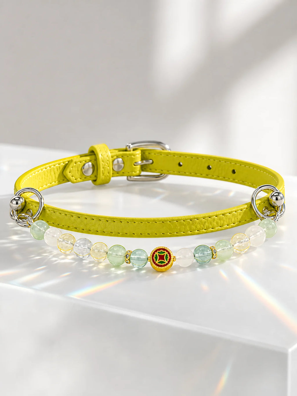 KINLUME Lime Sorbet handmade natural crystal and cowhide pet collar detail