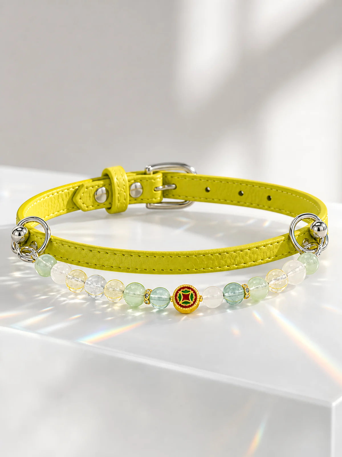 KINLUME Lime Sorbet handmade natural crystal and cowhide pet collar detail