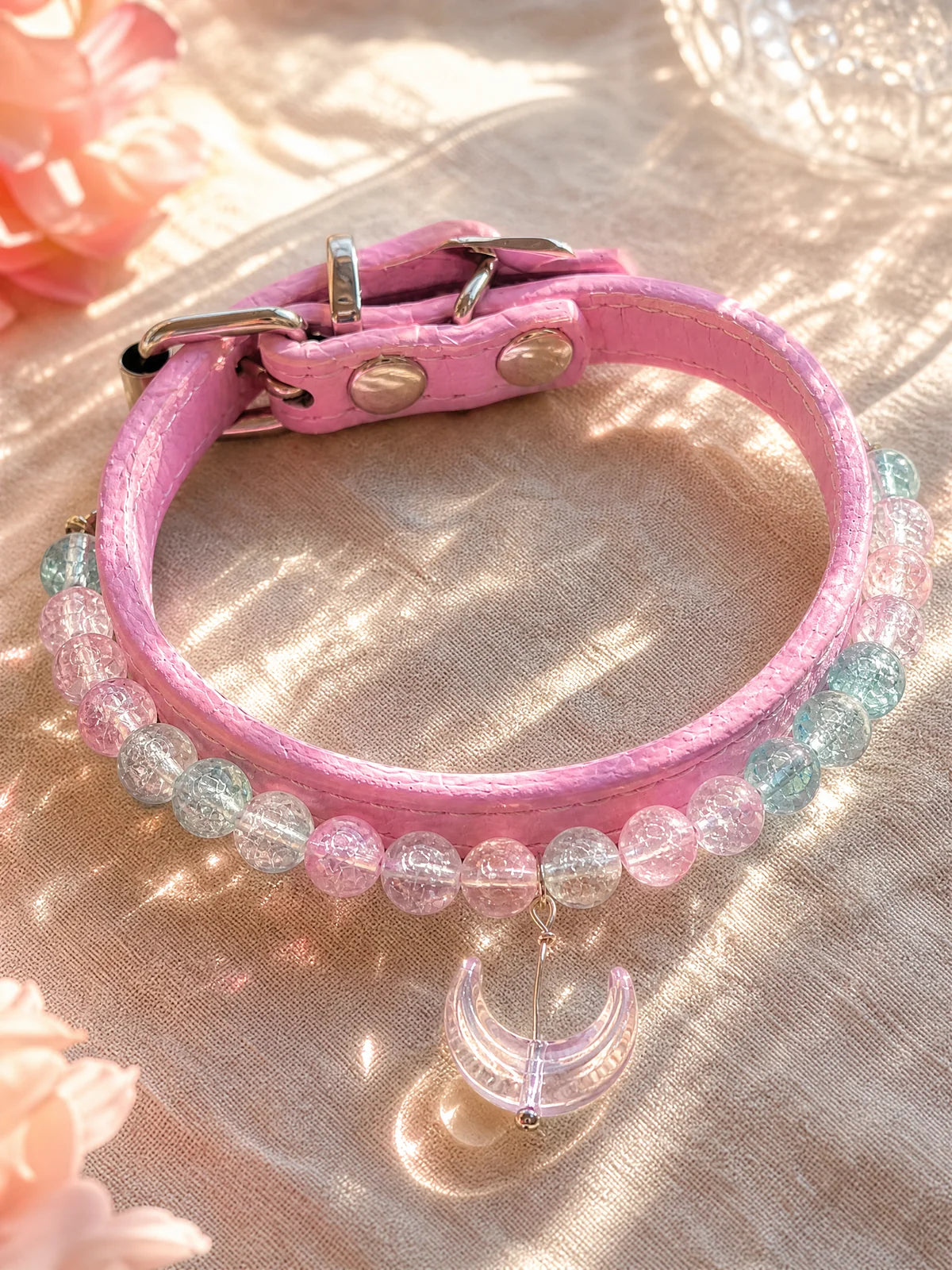 KINLUME Moonlit Rose handmade natural crystal and cowhide pet collar detail