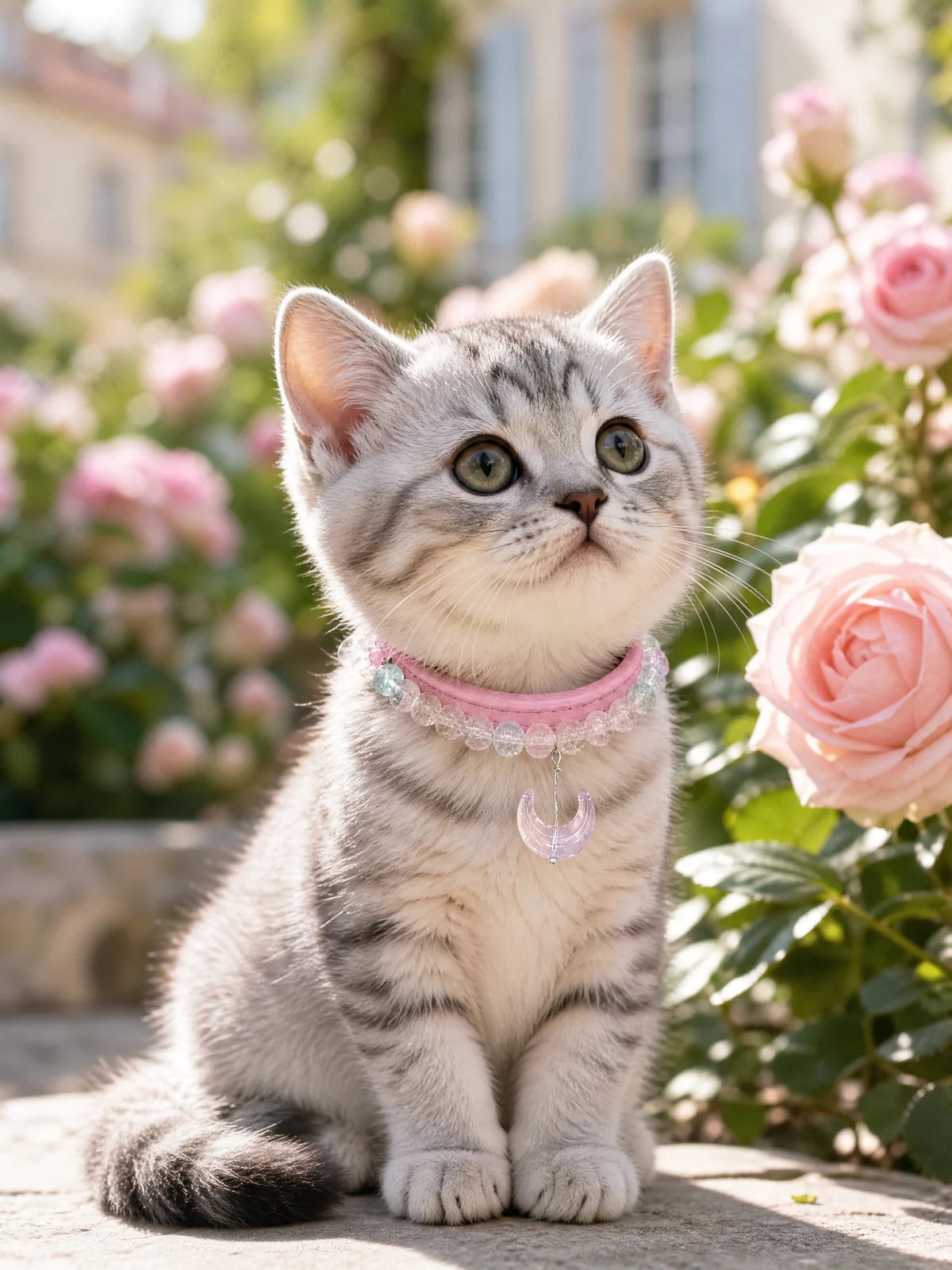 Pet wearing the KINLUME Moonlit Rose handmade natural crystal collar