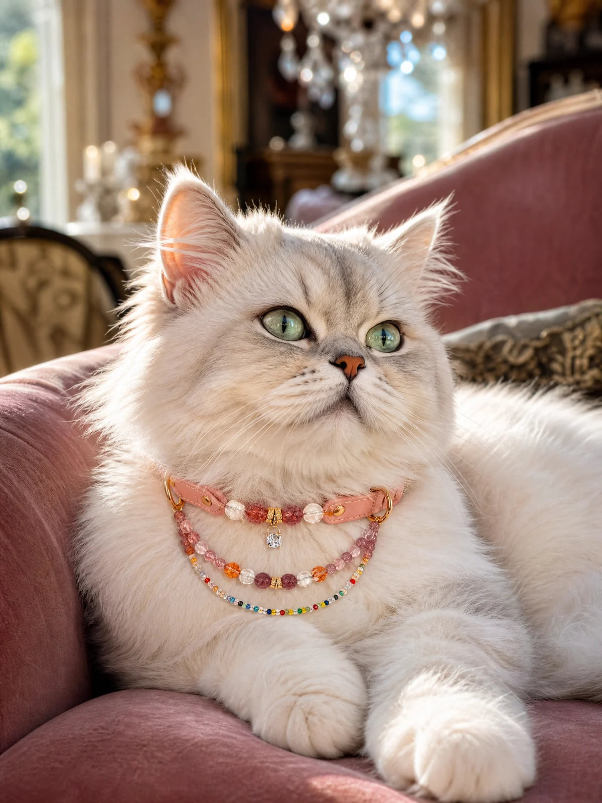 Pet wearing the KINLUME Strawberry Aura handmade natural crystal collar