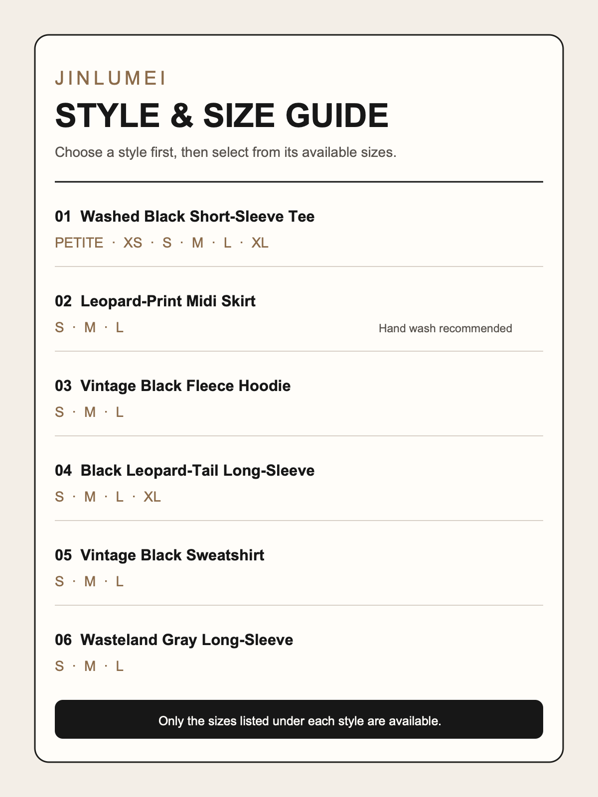 English style and available size guide for all six streetwear options