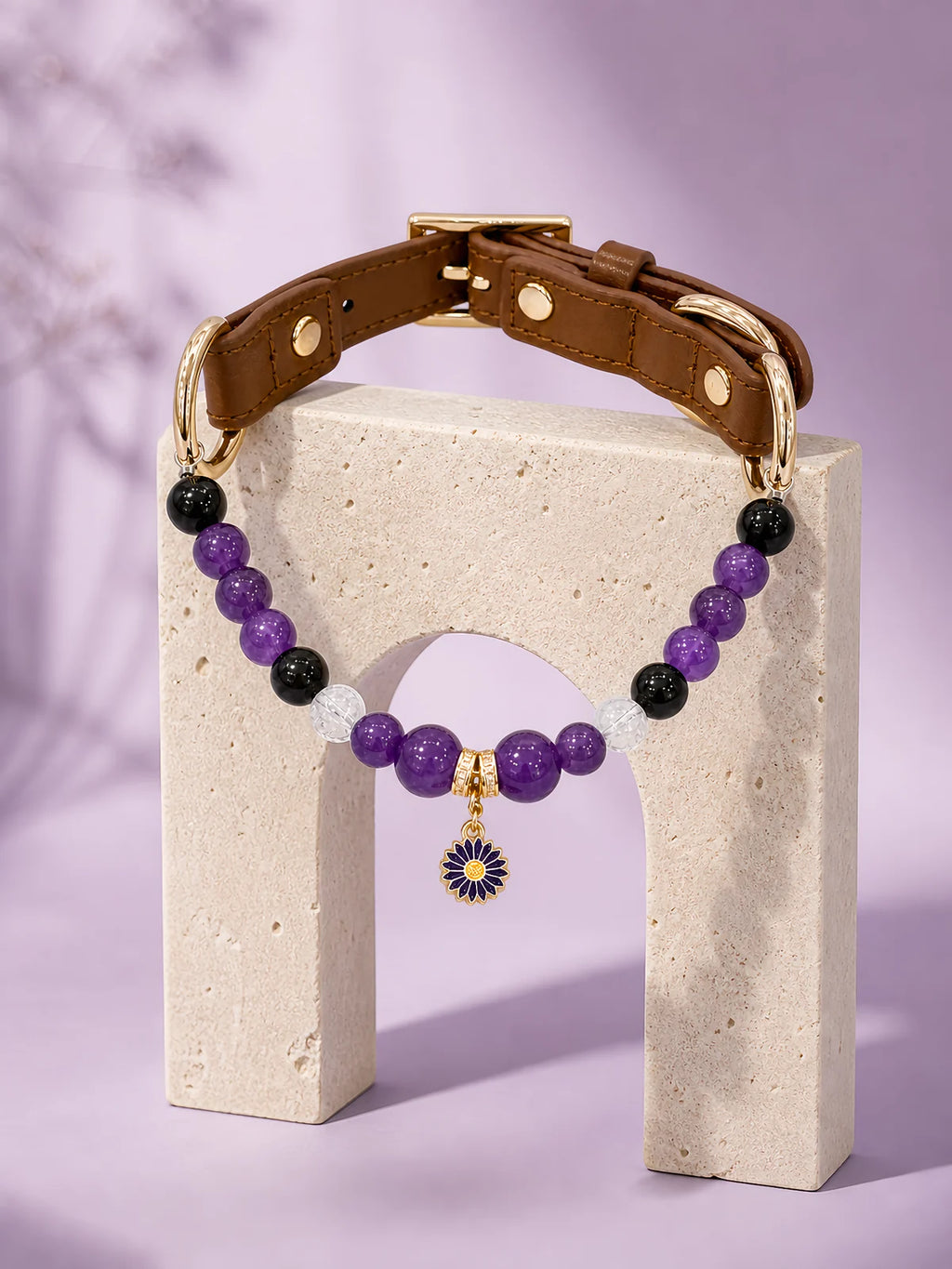 KINLUME Imperial Twilight handmade natural crystal and cowhide pet collar detail