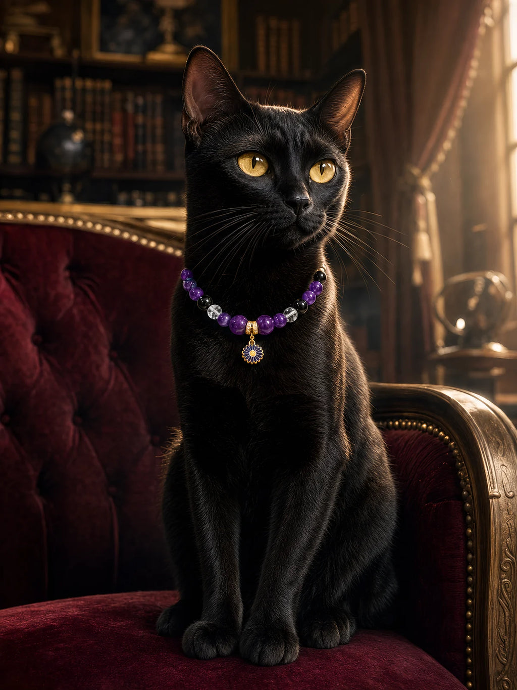 Pet wearing the KINLUME Imperial Twilight handmade natural crystal collar