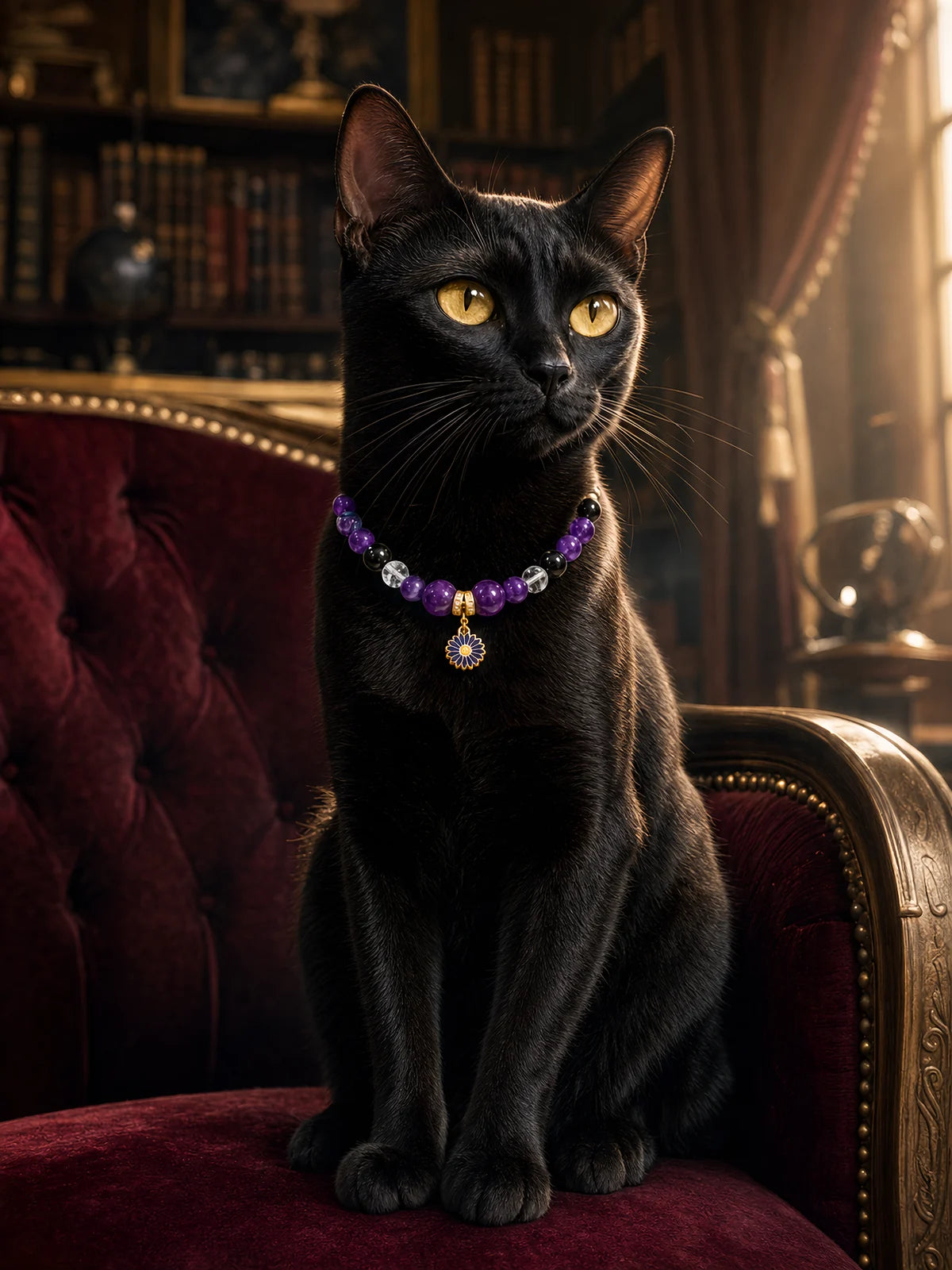 Pet wearing the KINLUME Imperial Twilight handmade natural crystal collar