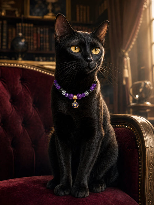 Pet wearing the KINLUME Imperial Twilight handmade natural crystal collar