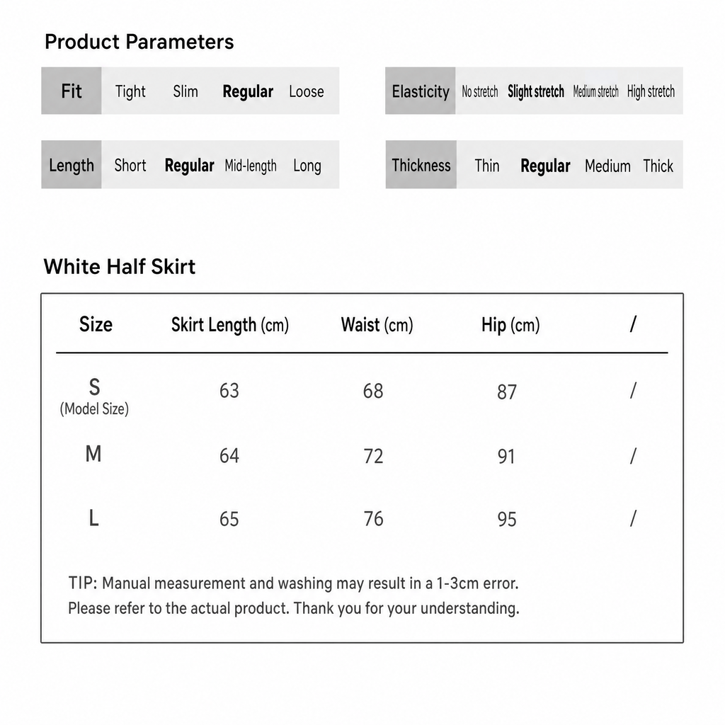 English measurement chart for the white flocked midi skirt in S, M and L