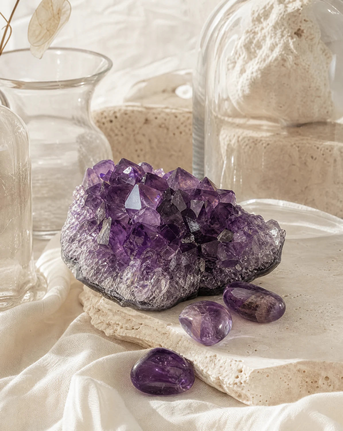 Natural amethyst crystal cluster in soft atelier light