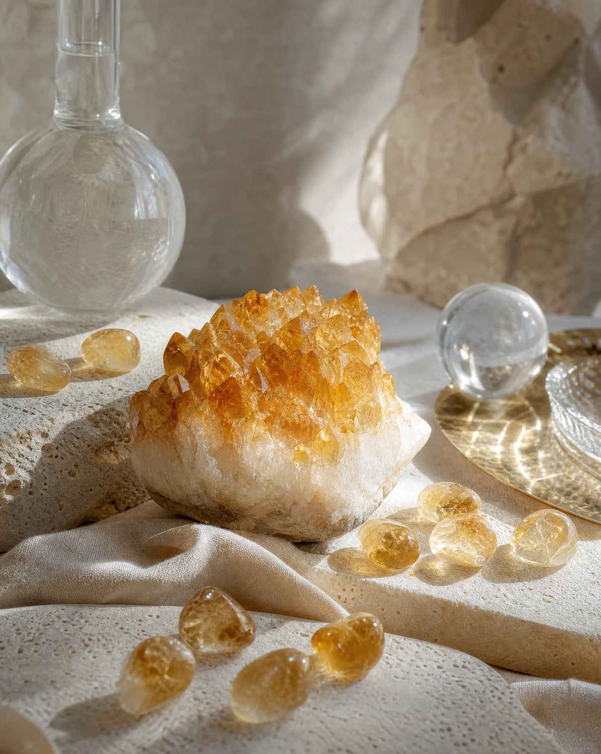Natural citrine crystals glowing in warm window light