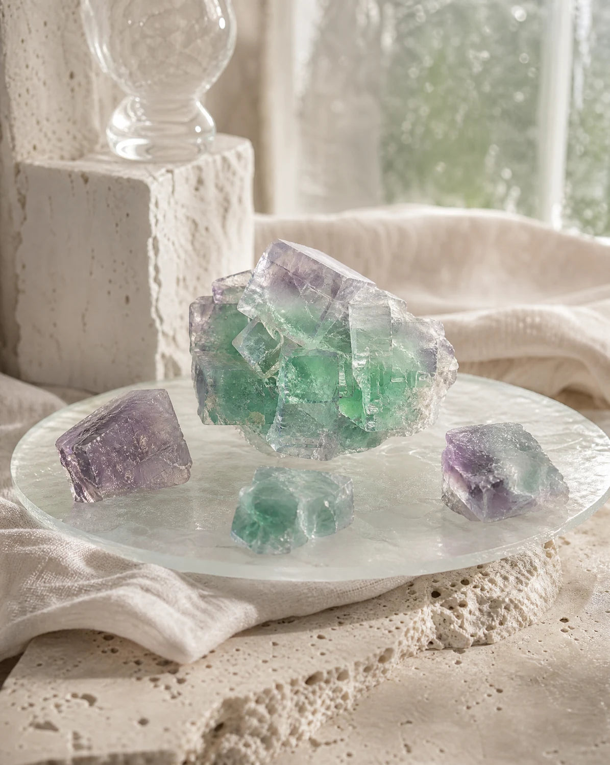 Natural green and violet fluorite crystals on frosted glass