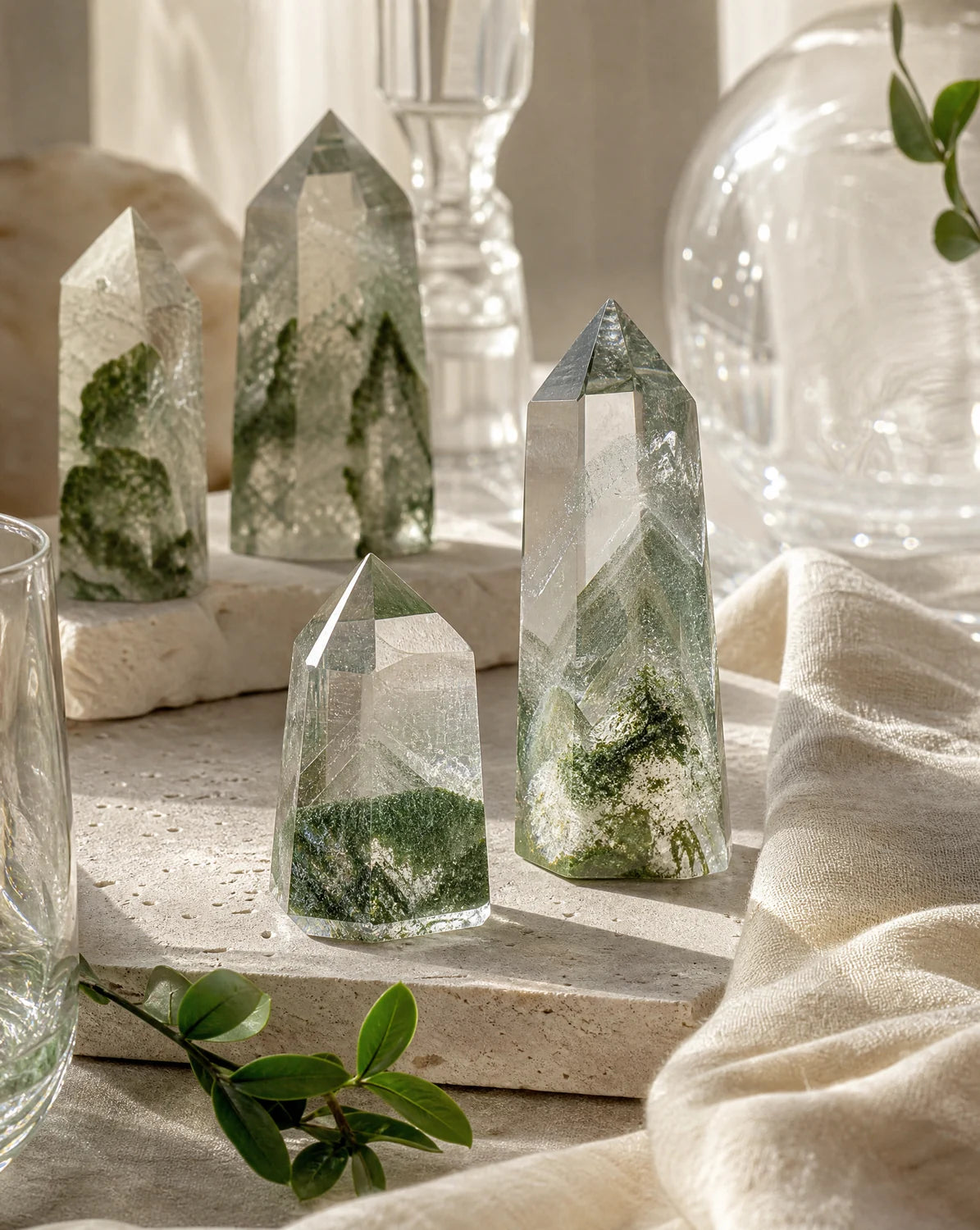 Natural phantom quartz points with green mineral inclusions