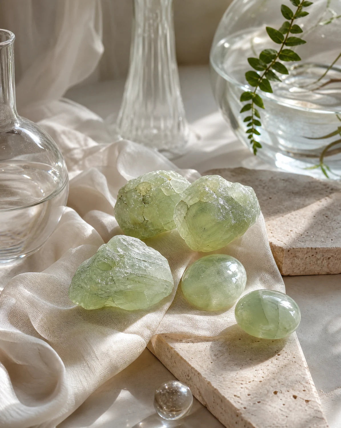 Natural pale green prehnite stones in a gentle still life