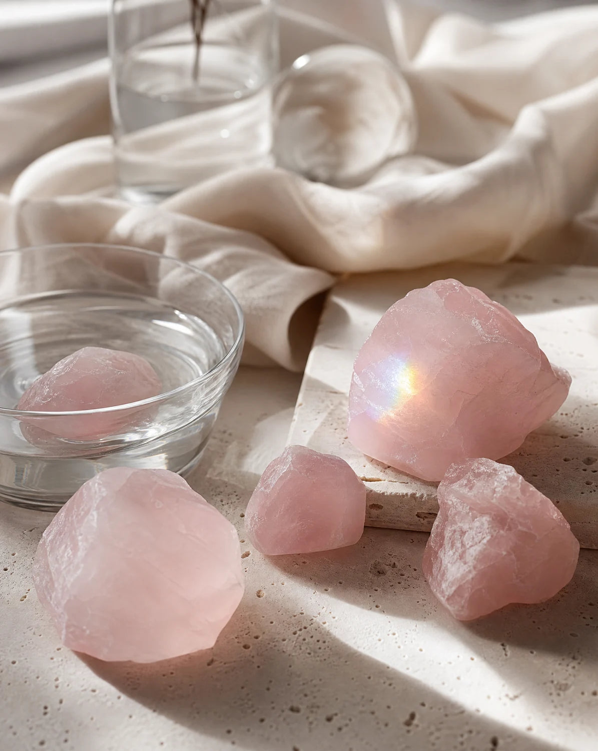 Natural rose quartz stones arranged on warm ivory linen