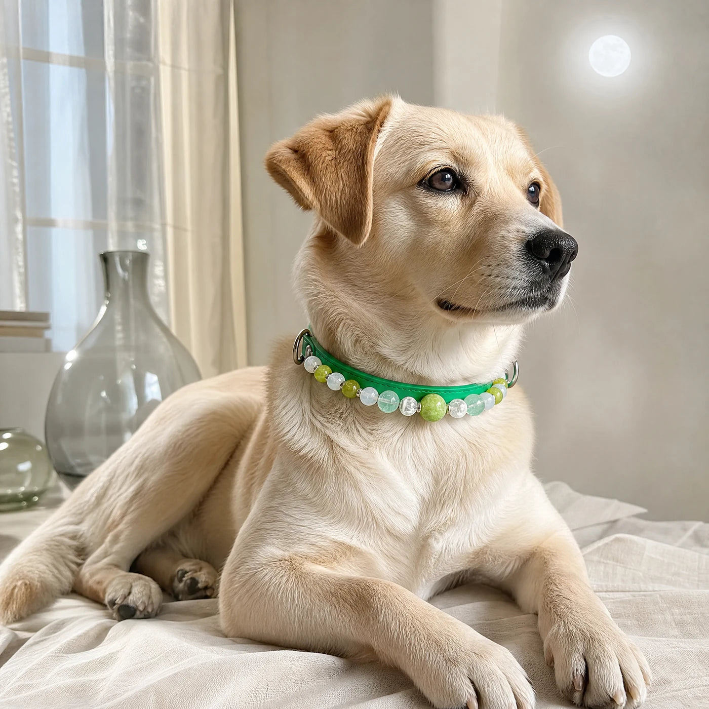 AI-assisted KINLUME studio styling image for Forest Veil — Handmade Phantom Quartz, Jade & Cowhide Pet Collar