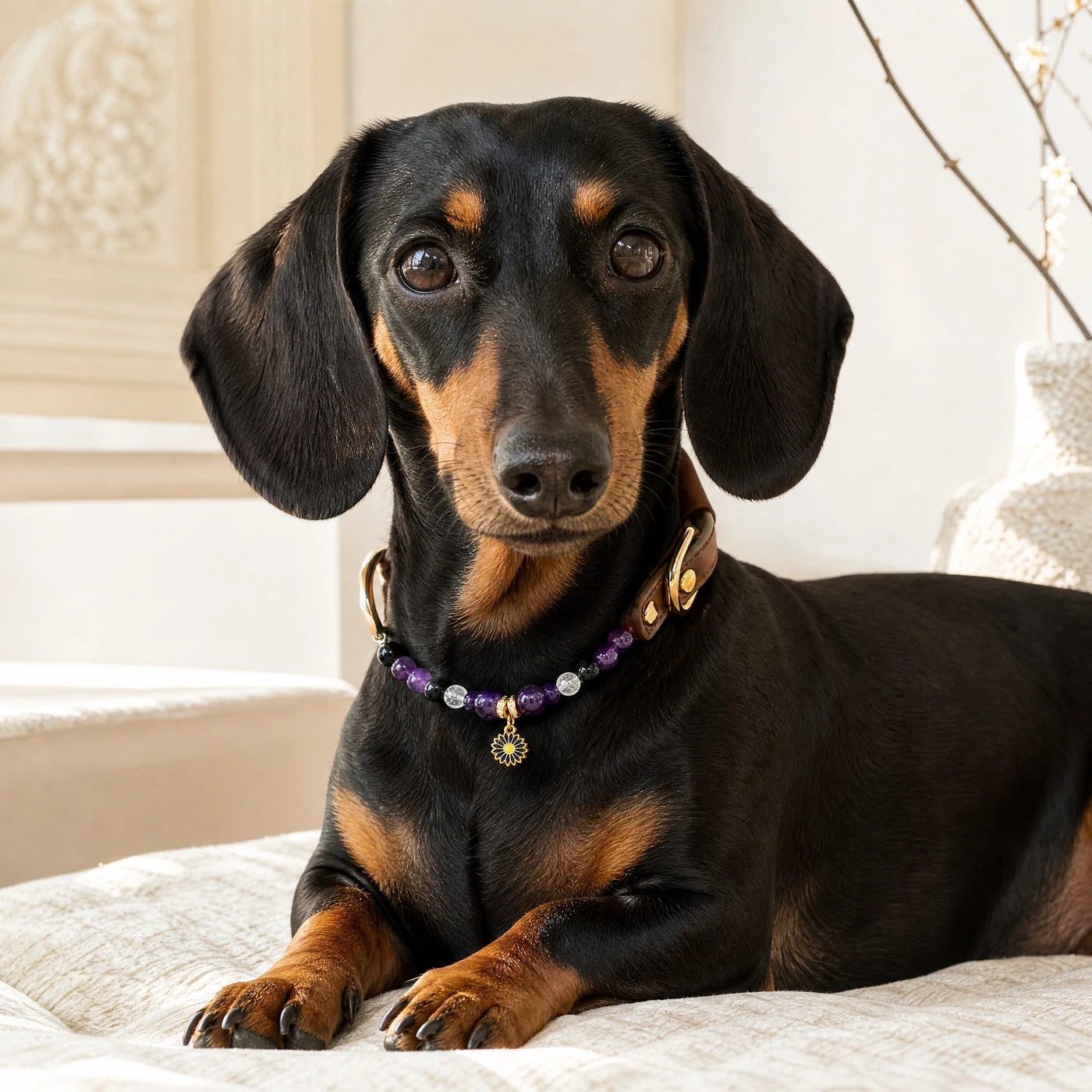AI-assisted KINLUME studio styling image for Imperial Twilight — Handmade Amethyst, Obsidian & Cowhide Pet Collar