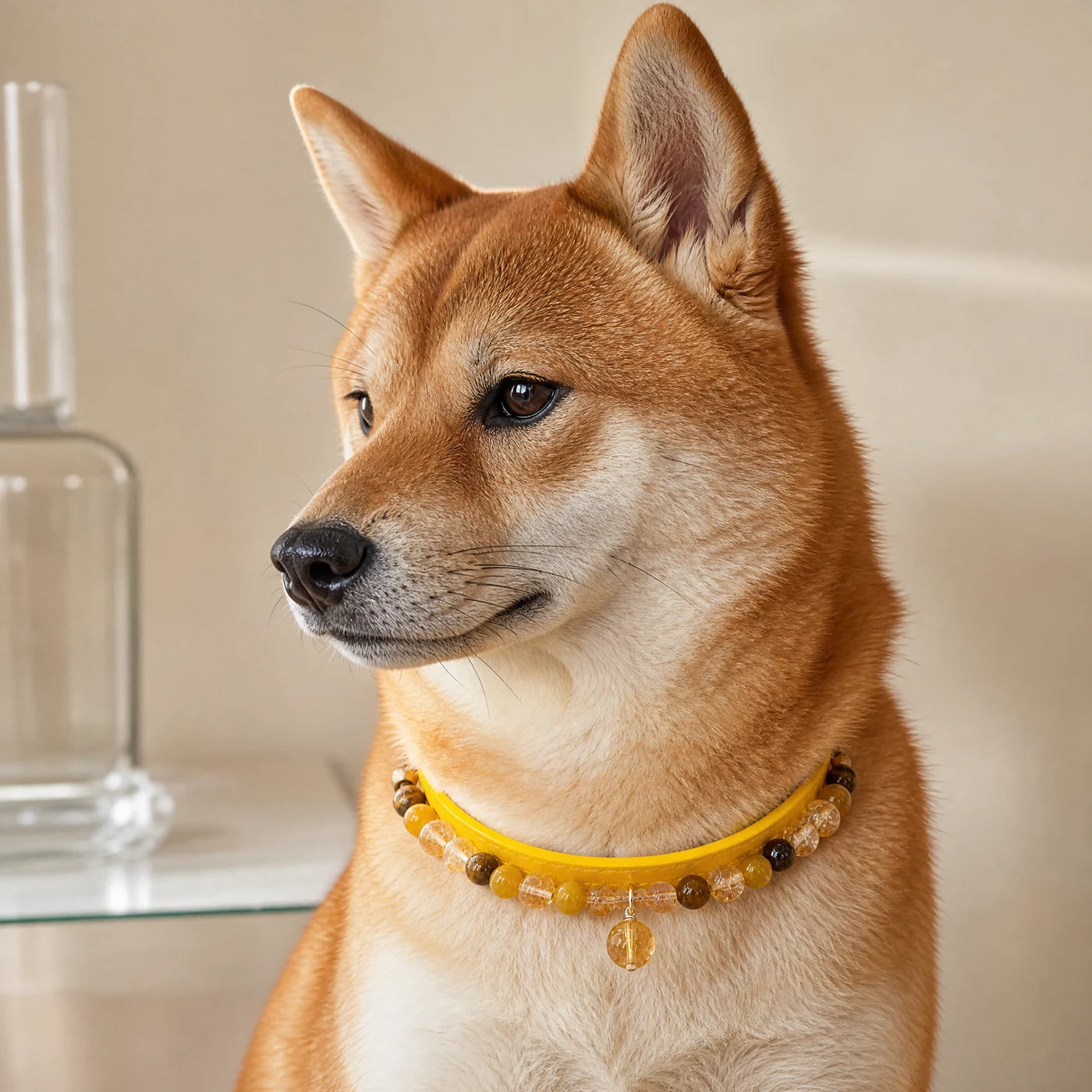 AI-assisted KINLUME studio styling image for Solar Radiance — Handmade Citrine, Tiger’s Eye & Cowhide Pet Collar