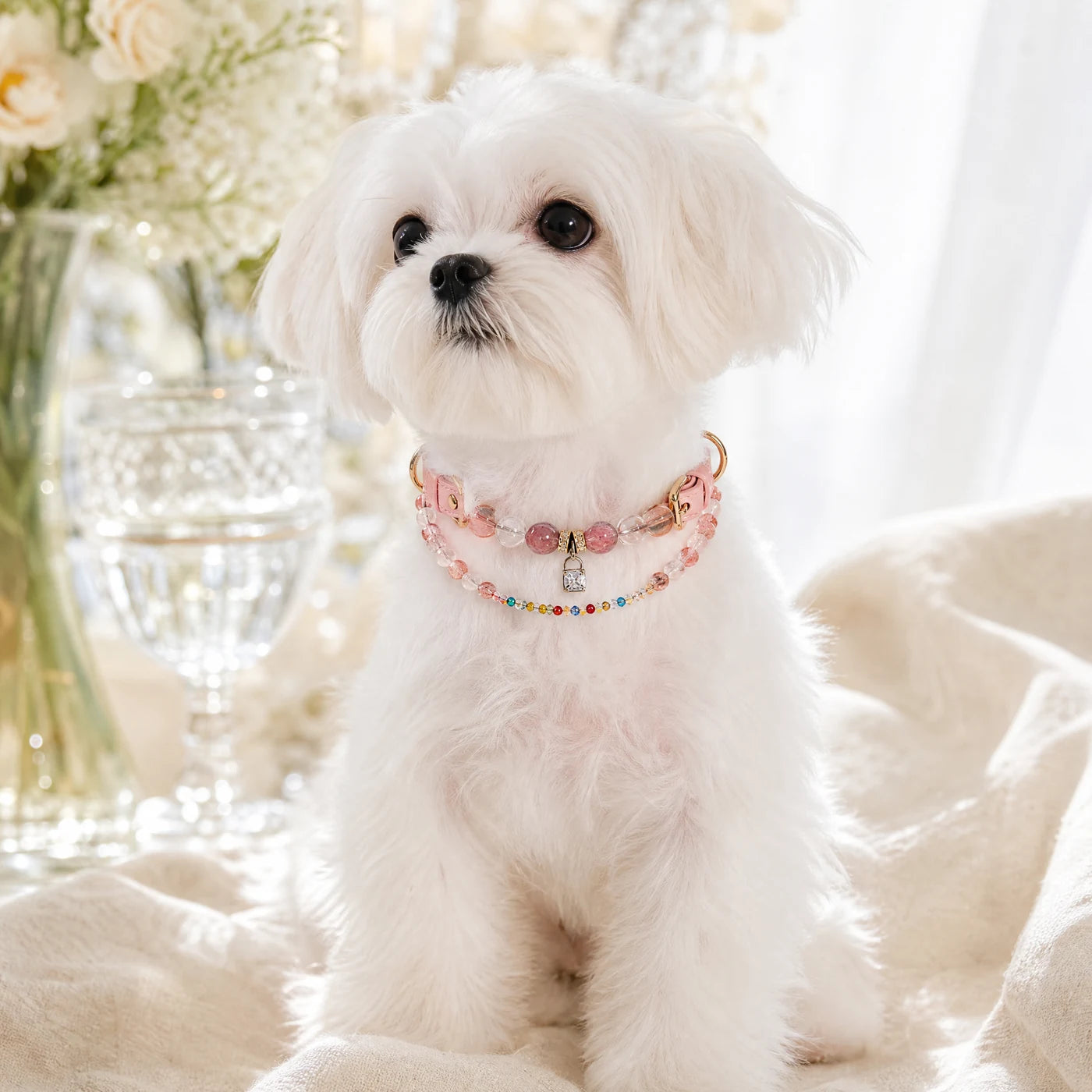 AI-assisted KINLUME studio styling image for Strawberry Aura — Handmade Strawberry Quartz & Cowhide Pet Collar